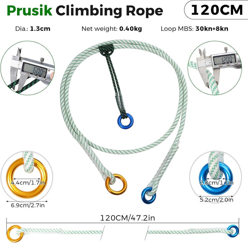 KINGTLE 12mm Heavy Duty Prusik Climbing Rope & Cord Set - 30kN Main Rope + 8kN Friction Cord, Zero-Slip Grip, 100% Polyester for Rock Climbing, Arborist & Rescue, 90cm/120cm/250cm (120CM) - Image 2
